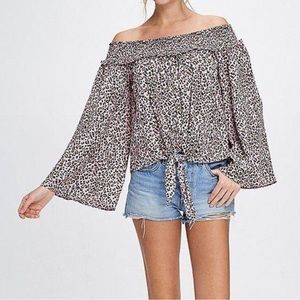 Free People Movement Pink Leopard Off The Shoulder Top Blouse L
